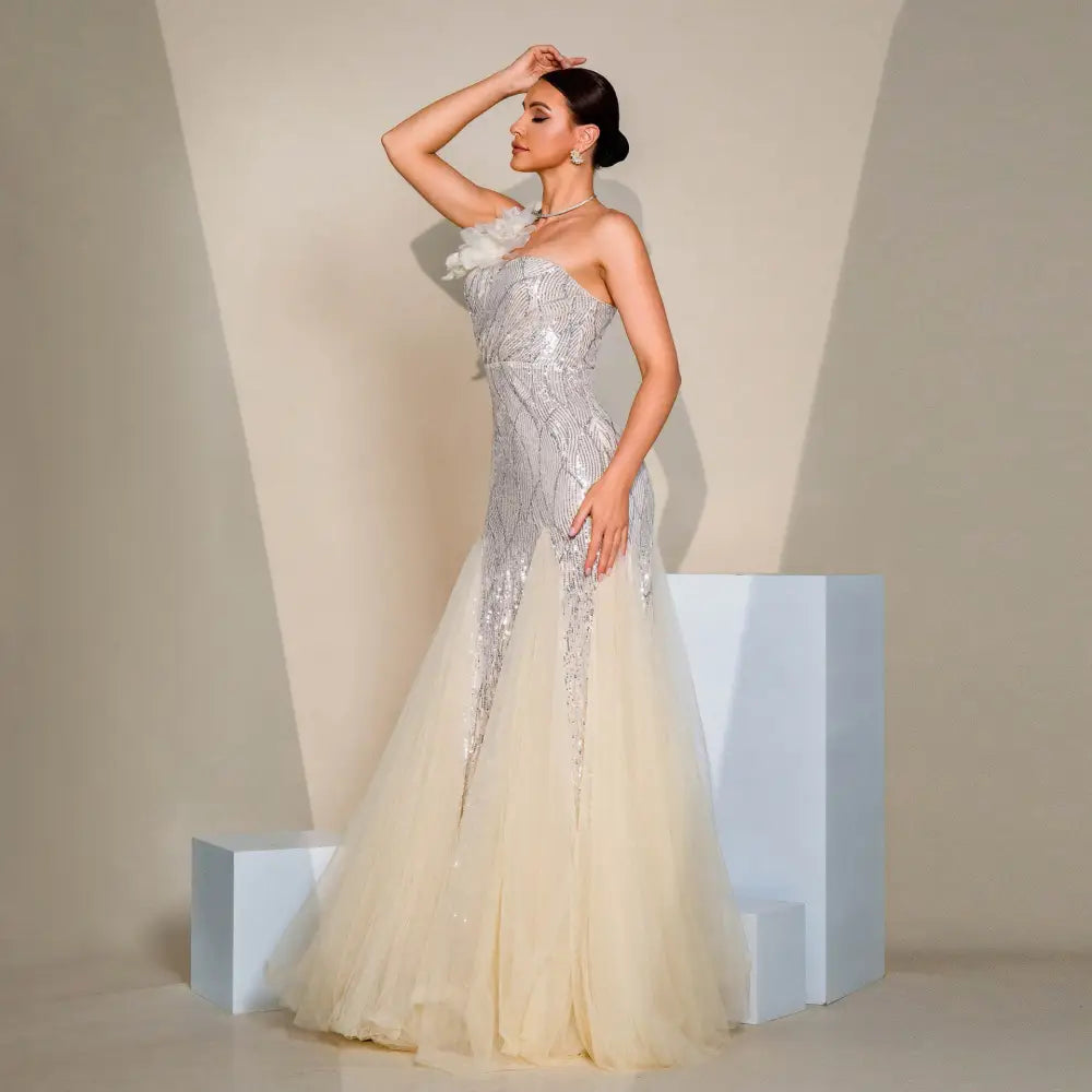 Elegant Apricot High Waist Long Sequin Skirt Polyester Sleeveless Dress