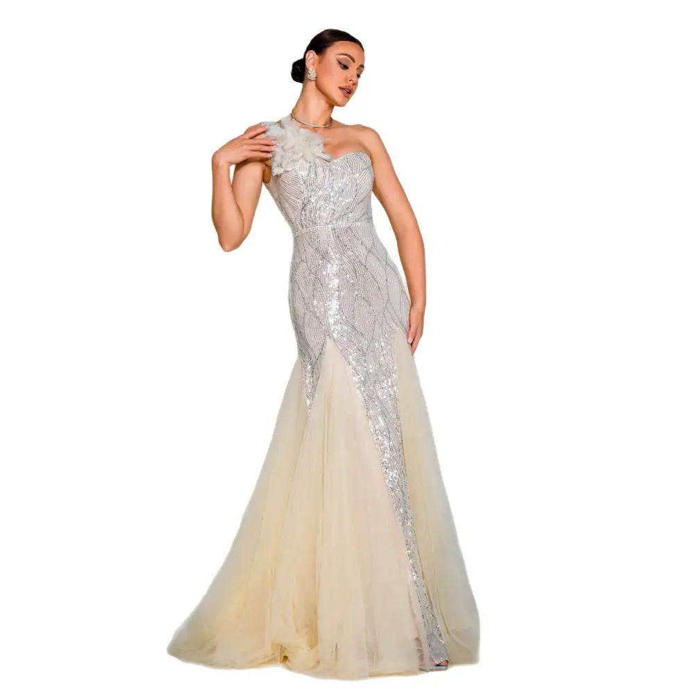 Elegant Apricot High Waist Long Sequin Skirt Polyester Sleeveless Dress