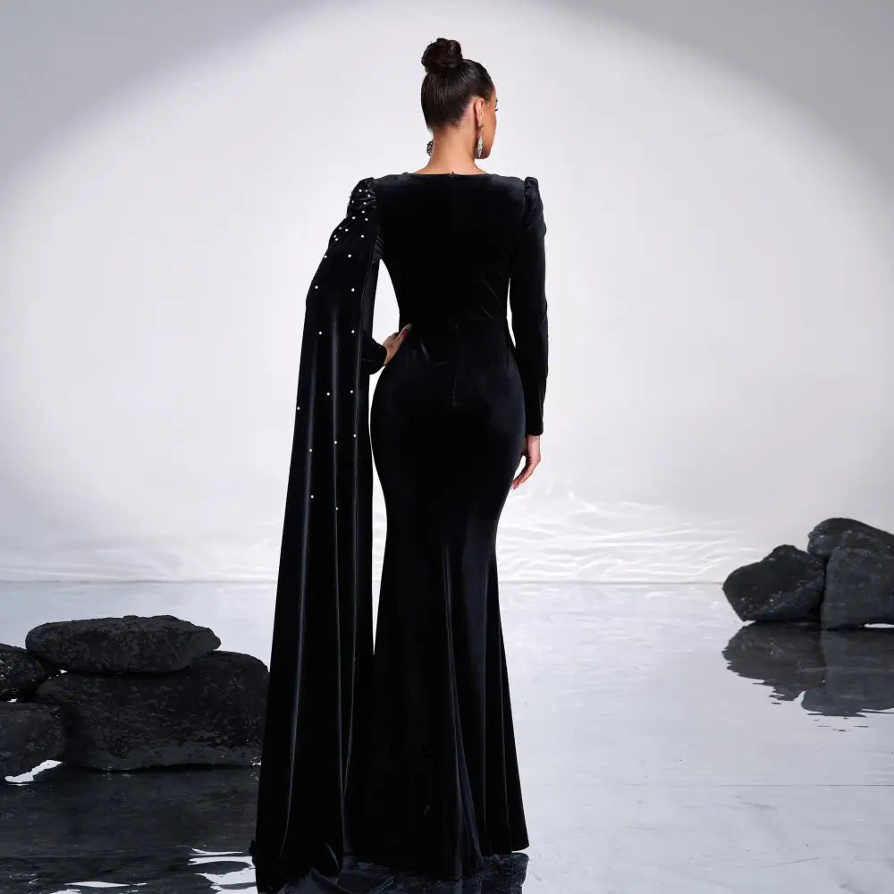 Elegant Black High Waist Long Sequin Skirt in Polyester