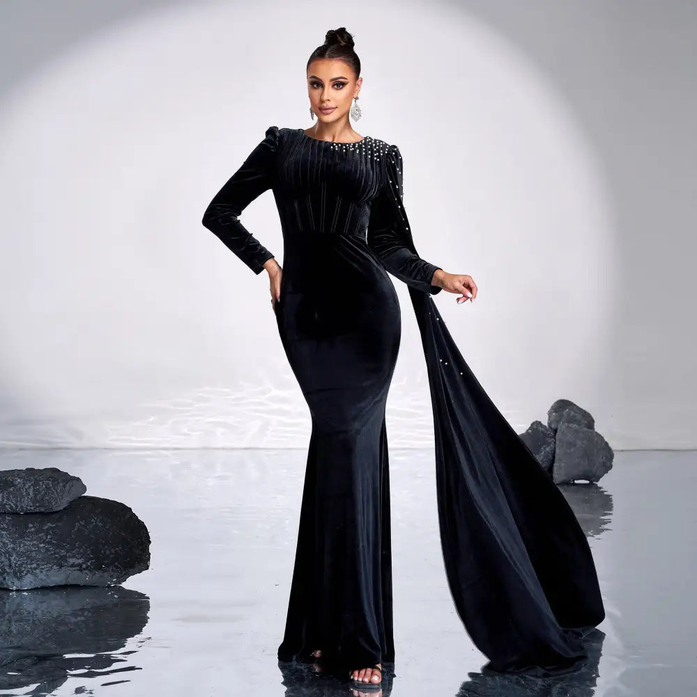 Elegant Black High Waist Long Sequin Skirt in Polyester