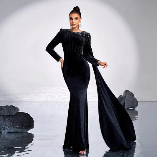 Elegant Black High Waist Long Sequin Skirt in Polyester