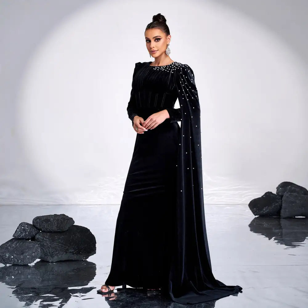 Elegant Black High Waist Long Sequin Skirt in Polyester