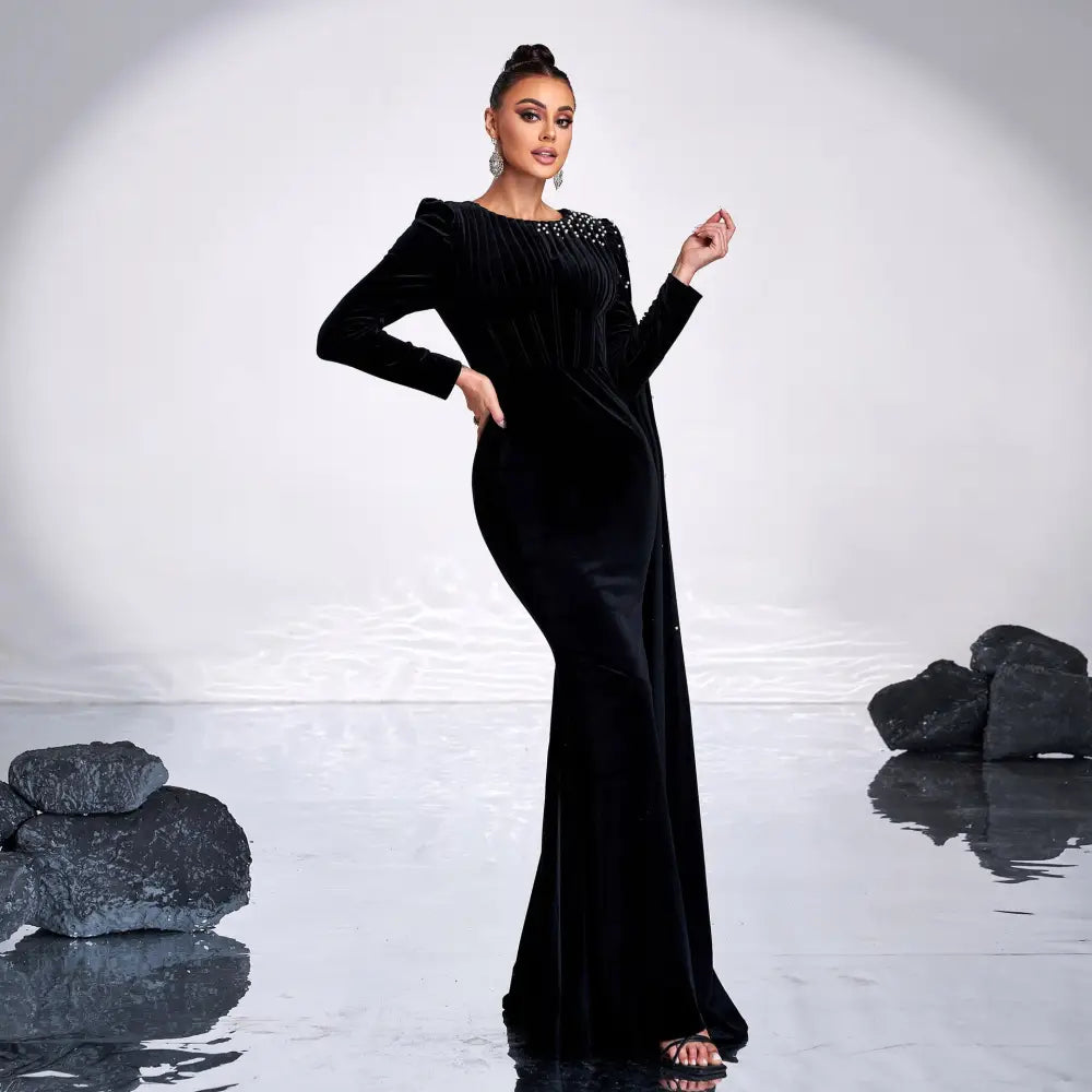 Elegant Black High Waist Long Sequin Skirt in Polyester