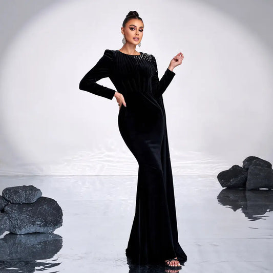 Elegant Black High Waist Long Sequin Skirt in Polyester