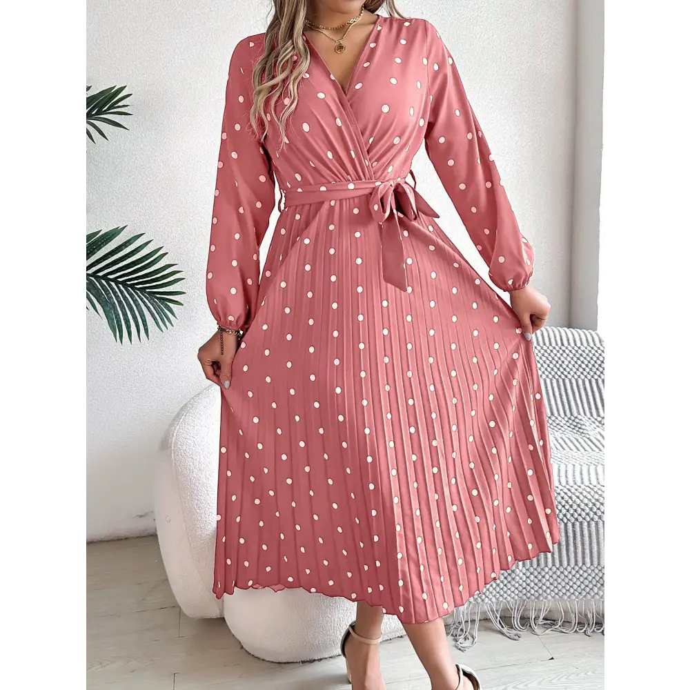 Elegant Contrast Color Polka Dot Cross V-neck Pleated Maxi Dress For Women - Pink / S