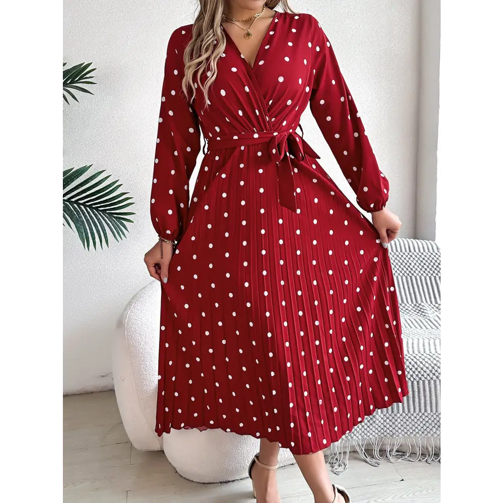 Elegant Contrast Color Polka Dot Cross V-neck Pleated Maxi Dress For Women - Wine Red / S