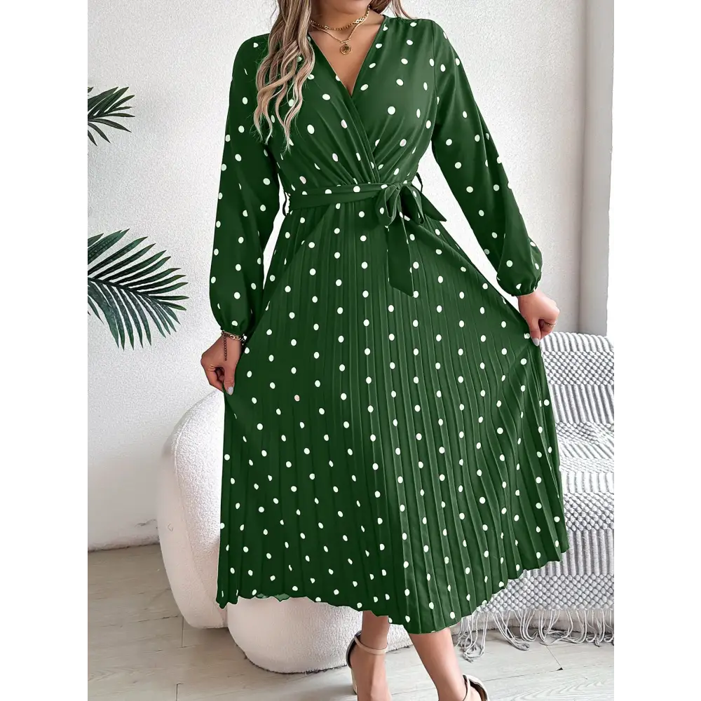 Elegant Contrast Color Polka Dot Cross V-neck Pleated Maxi Dress For Women - Green / S