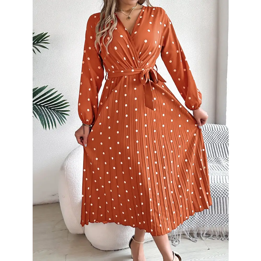 Elegant Contrast Color Polka Dot Cross V-neck Pleated Maxi Dress For Women - Navy Blue / S