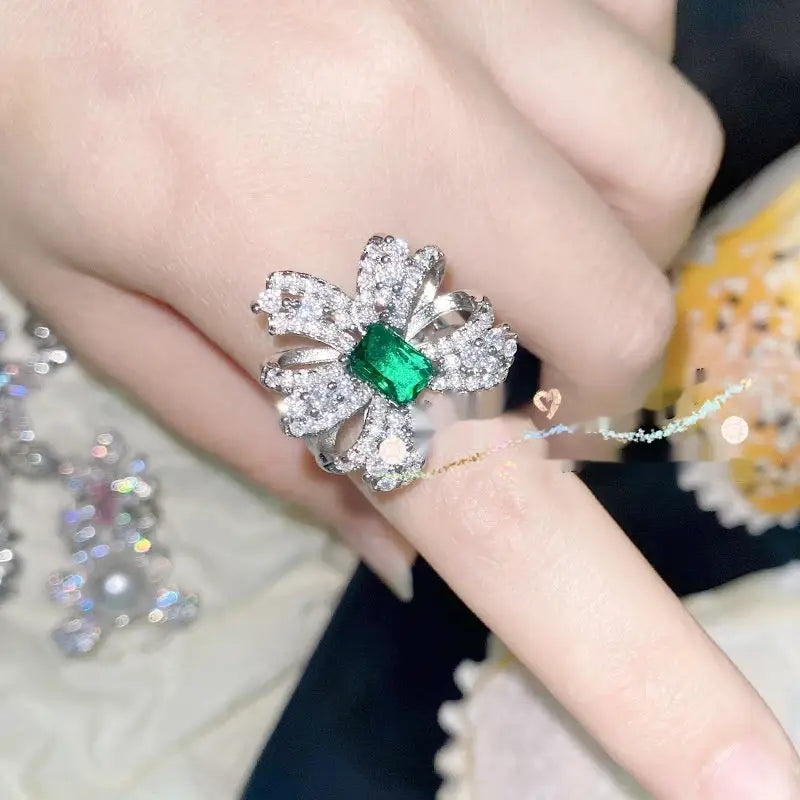 Emerald Butterfly Pendant Necklace - Green / Bow Ring