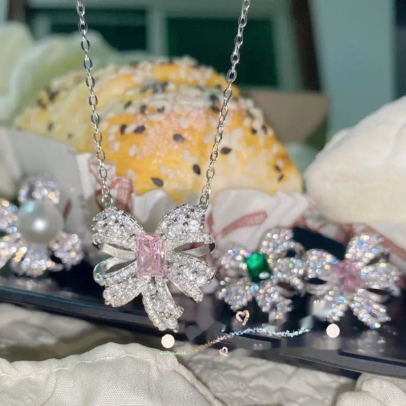 Emerald Butterfly Pendant Necklace - Pink / Bow Necklace
