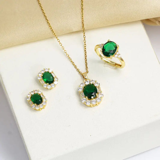 Emerald Inlay Jewelry Set with Necklace Studs and Ring