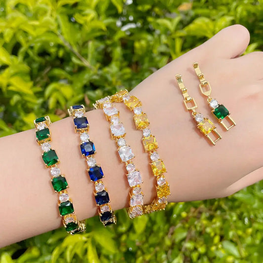 Emerald Zircon Elegance: Brass Inlay Bracelet