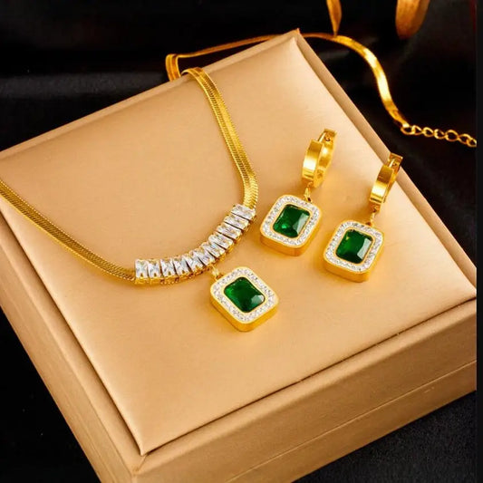 Emerald Zirconia Pendant & Earrings Set - Necklace And Earrings suit