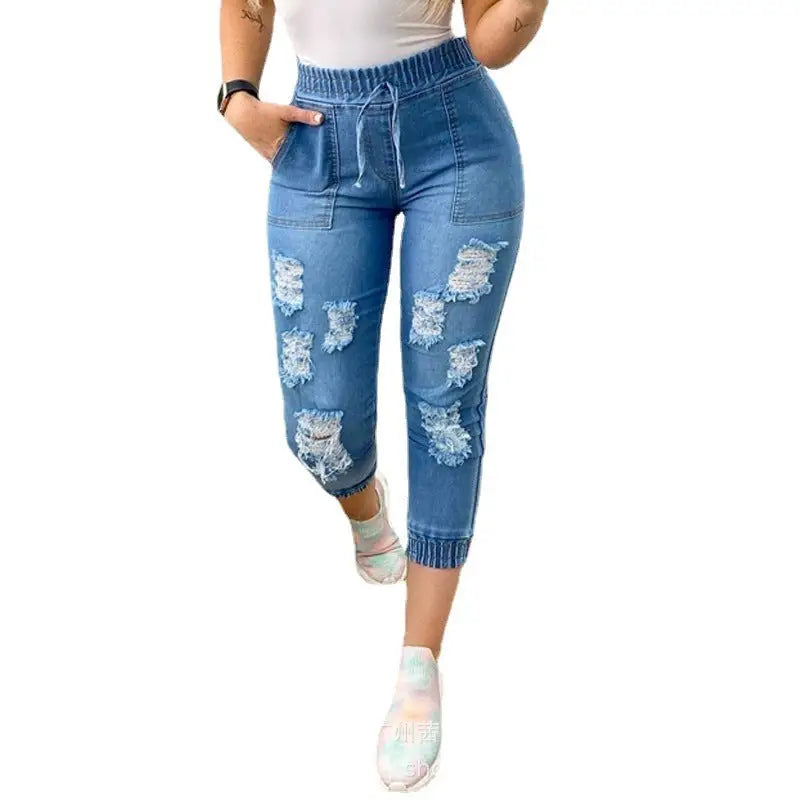 Euro-Ameri Chic: Blue Distressed Denim Jeans - Blue / S