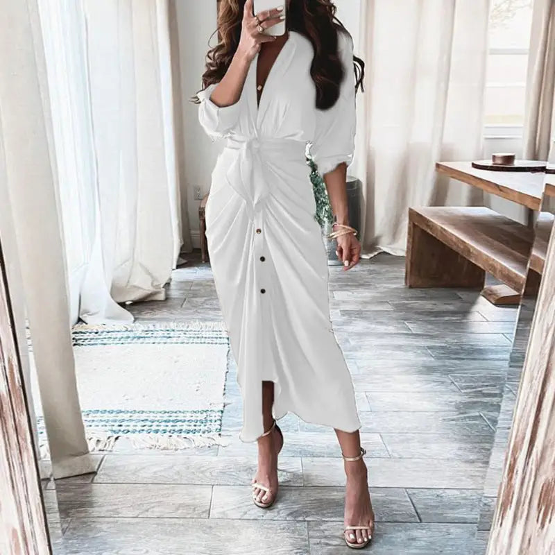 Euro-Ameri Chic Lace-Up Shirt Dress - White / M - 4