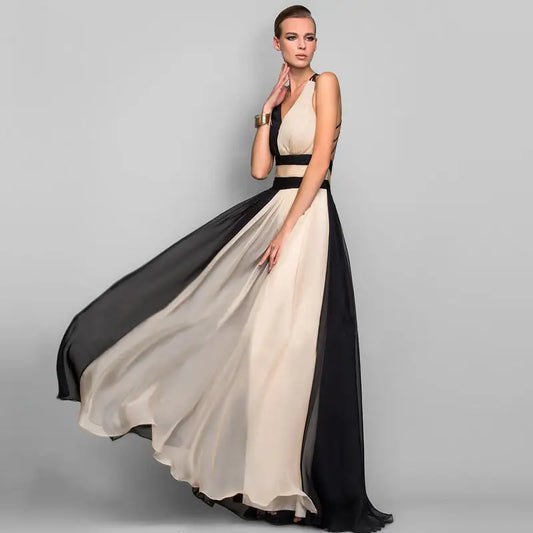 EuroAm V-Neck Backless Color Maxi Dress