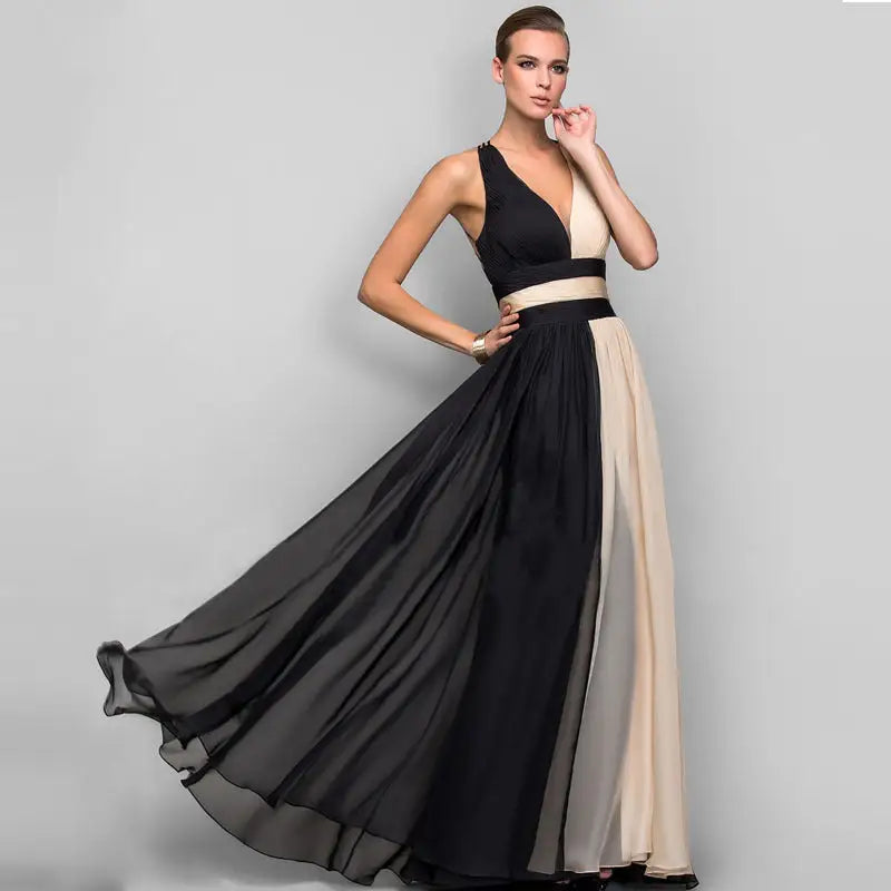 EuroAm V-Neck Backless Color Maxi Dress