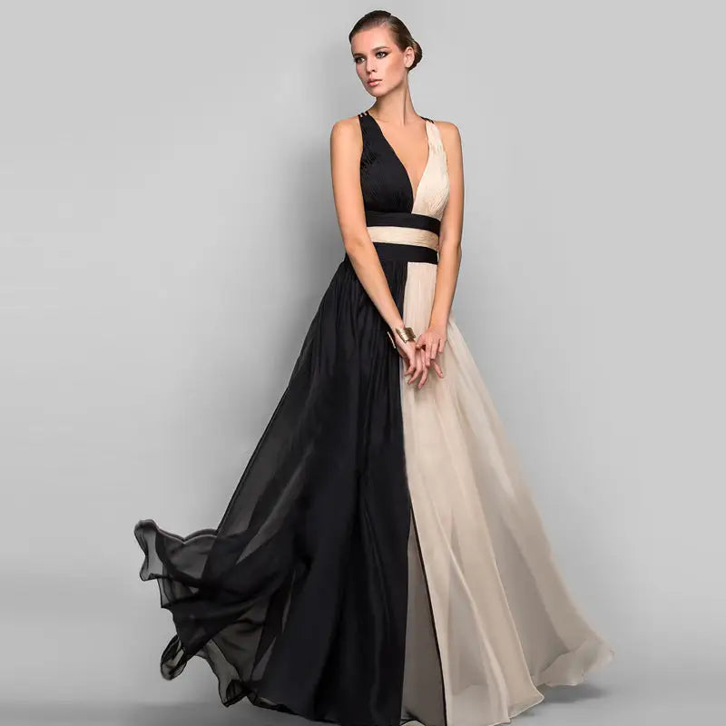 EuroAm V-Neck Backless Color Maxi Dress