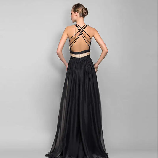 EuroAm V-Neck Backless Color Maxi Dress
