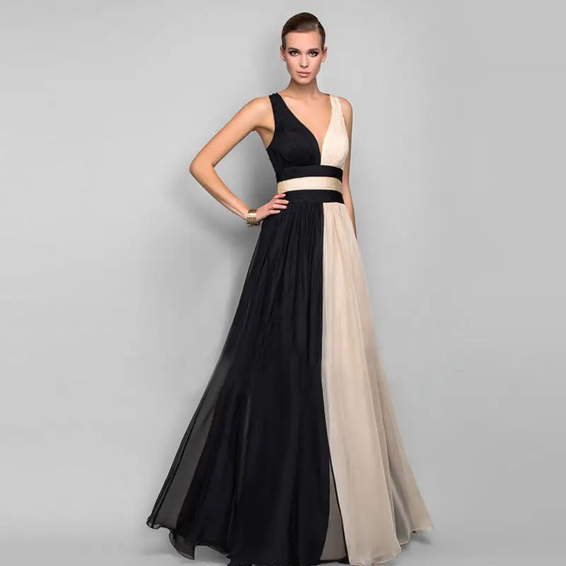 EuroAm V-Neck Backless Color Maxi Dress - Picture color / L