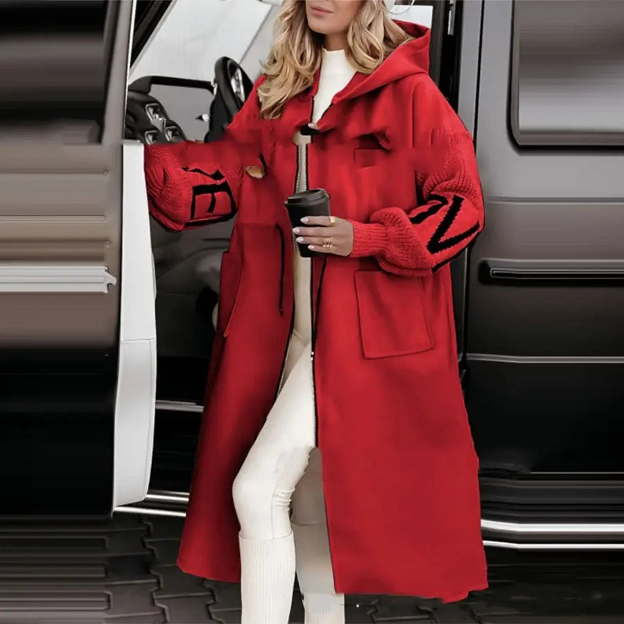EuroAmeri Chic Splice: Women’s Hooded Coat - Red / S