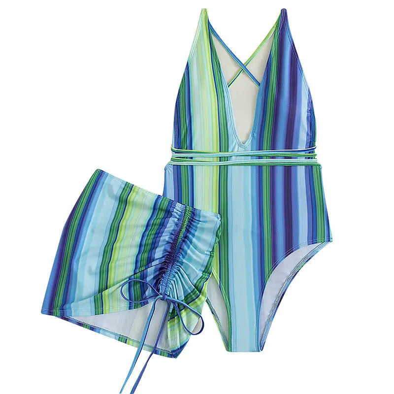 European And American Ladies Two-piece Skirt Drawstring Backless Sexy Swimsuit - Stripes / S