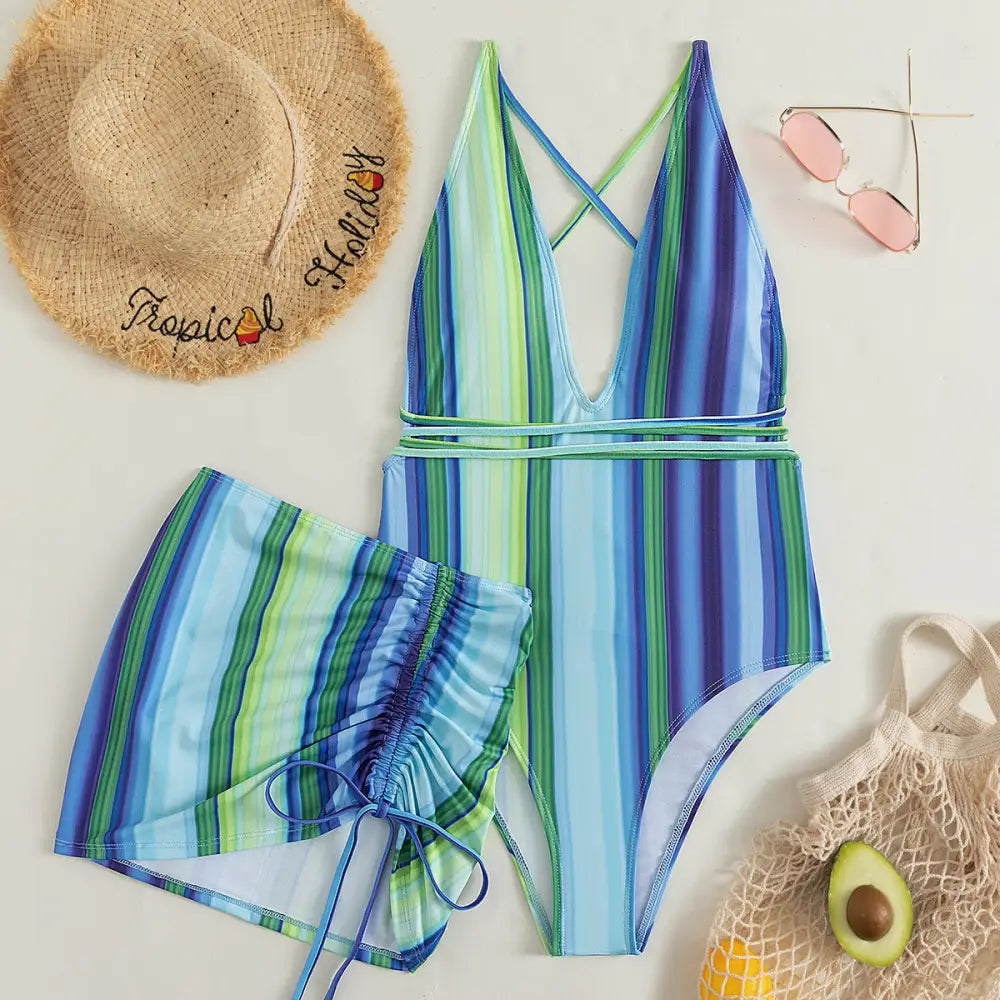 European And American Ladies Two-piece Skirt Drawstring Backless Sexy Swimsuit