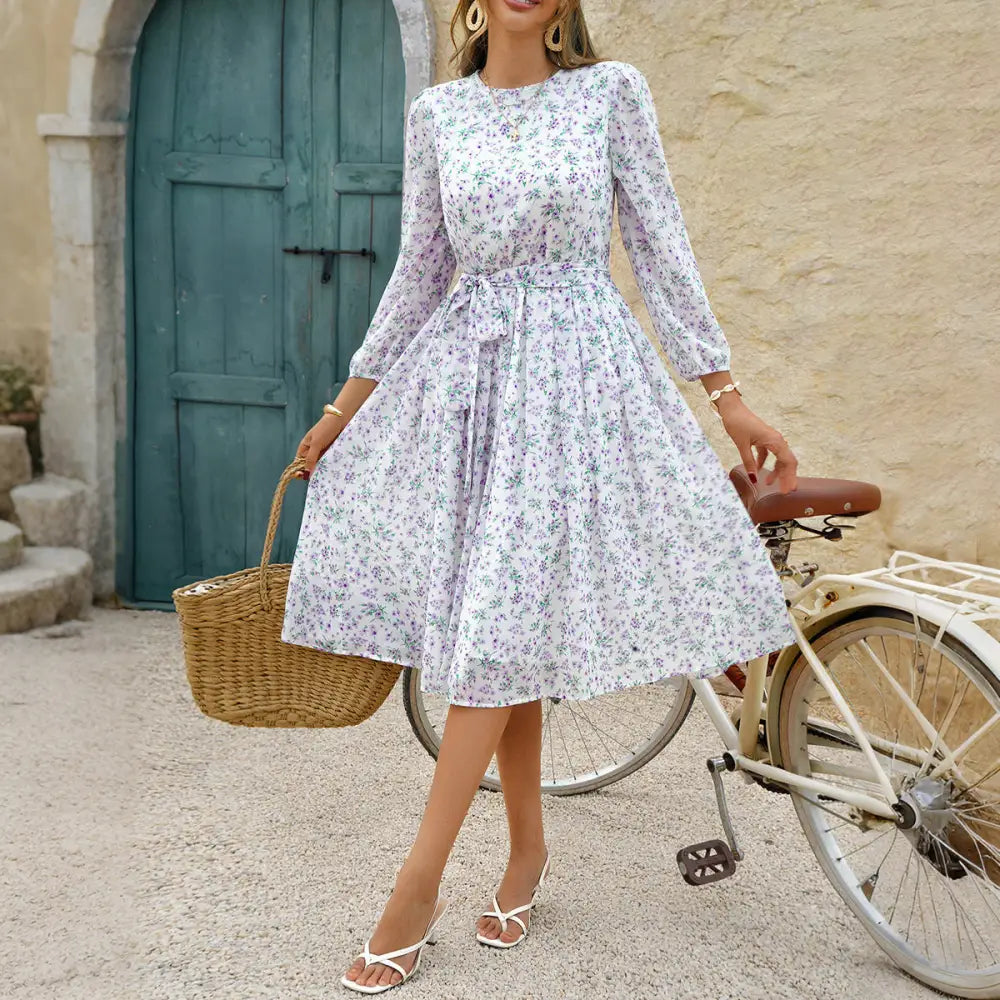 European And American Leisure Vacation Style Polka Dot Long Sleeve Maxi Dress - White Purple Flower / S