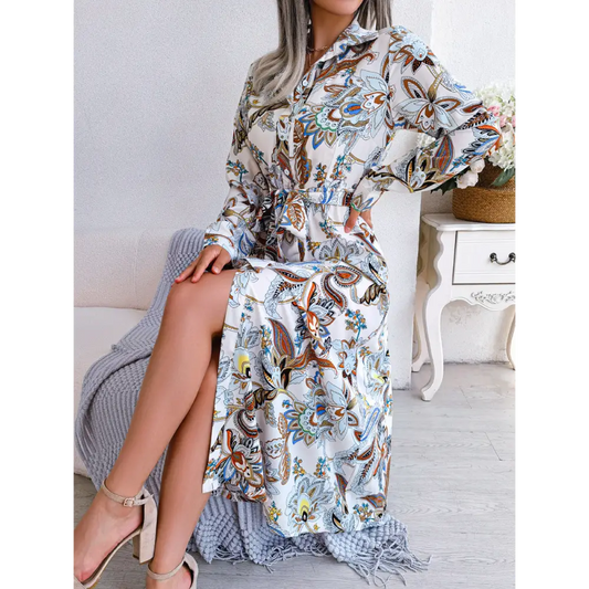 European And American Retro Flower Lapel Tied Shirt Dress