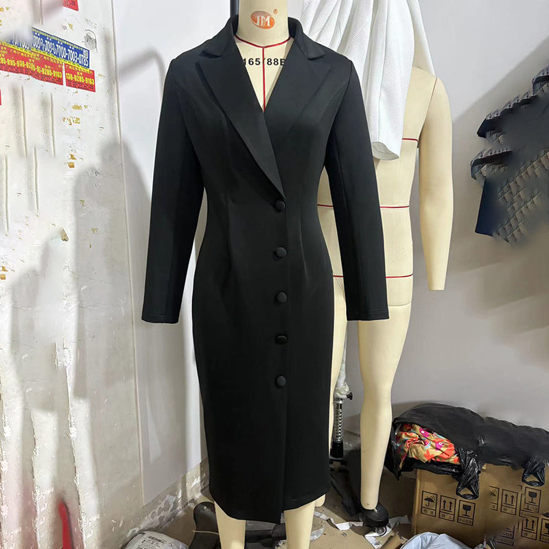 Women's Solid Color V-Neck Blazer Dress, Long Sleeve Button Down Midi Dress For Office And Formal Wear - LauBelle