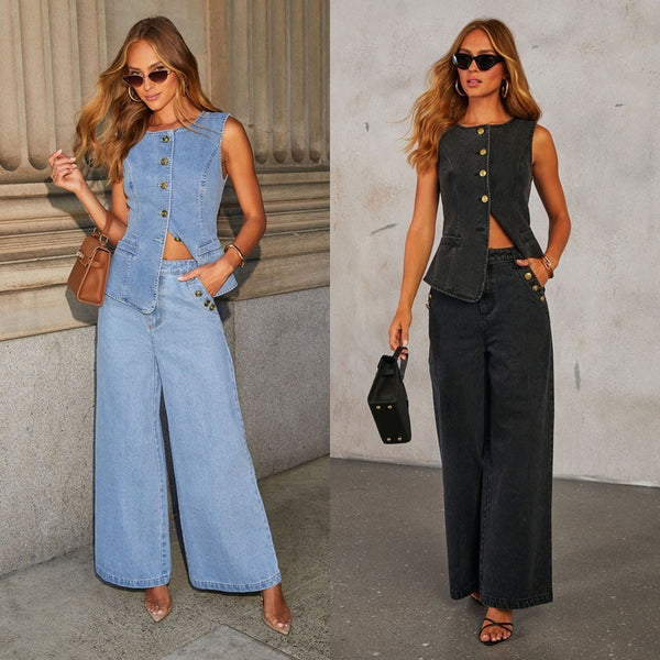 Chic Denim Duo: Vest & Wide-Leg Pants Set - LauBelle