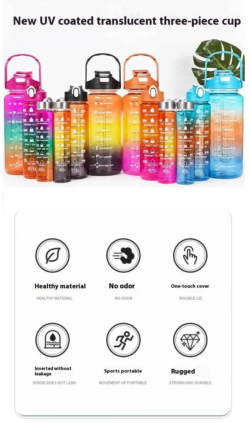 Gradient Color Motivational Water Bottles Set 3 Piece with Straw Cup