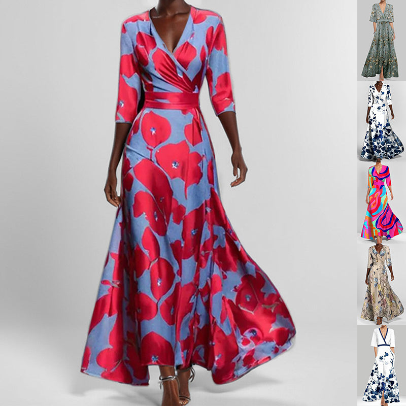 VoguePrint Slim V-Neck Half-Sleeve Waist Dress - LauBelle Brand