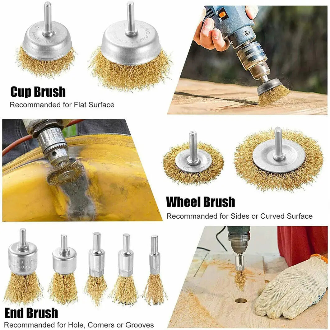 Steel Wire Grinding Brush Set 9 Pieces for Rust and Paint Removal
