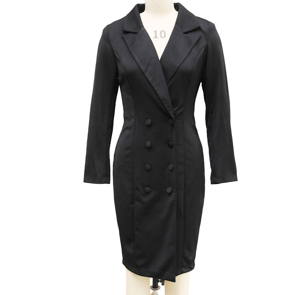 Double-breasted Blazer Dress Fashion Slim-fitting Hip-wrapped Lapel Long-sleeved Dresses Office Commuting Long Jacket Outwear For Women's Clothing - LauBelle