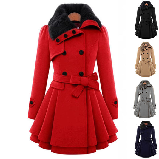 Elegant Women's Slim Woolen Belted Windbreaker - LauBelle Brand