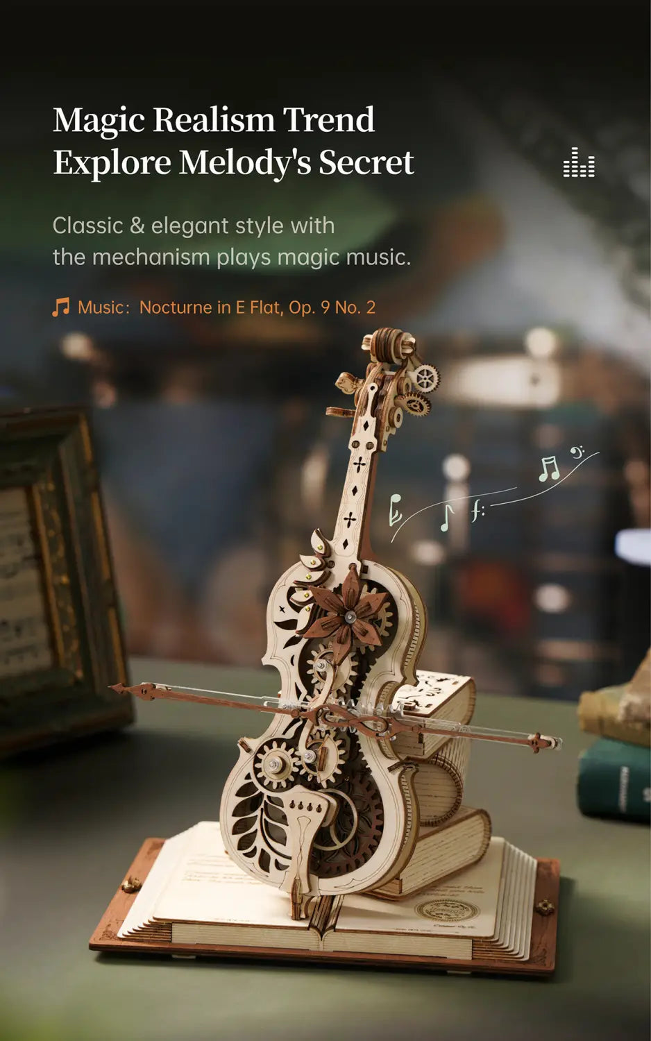 Retro Cello Music Box Puzzle with European Engraving and Floral Detail