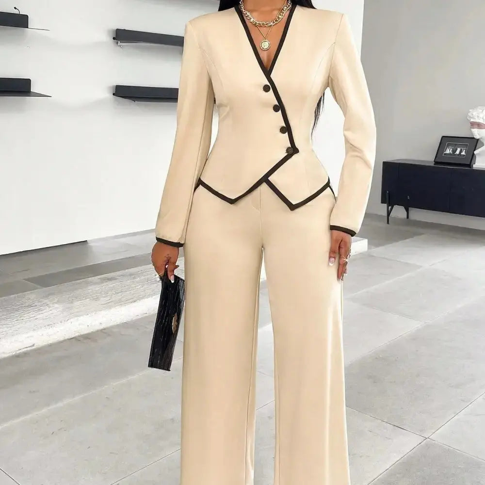 Beige Pantsuit with Black Trim Elegant Suit Set for Formal Occasions - LauBelle