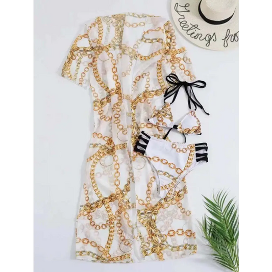 Fashion Floral High Waist Tassel European Free Size Bikini With Coat Split