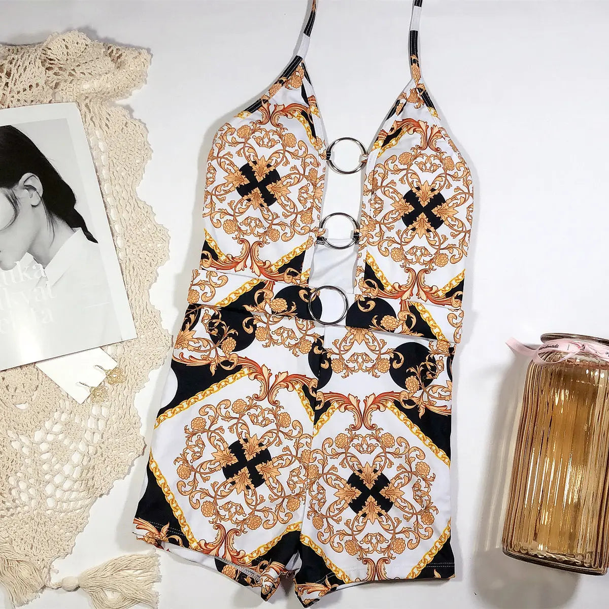 Swimsuit with printed cutout straps