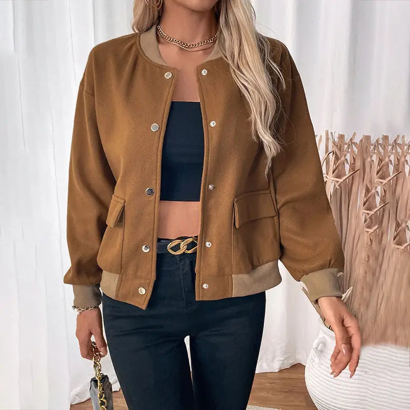 Brown button-down bomber jacket.