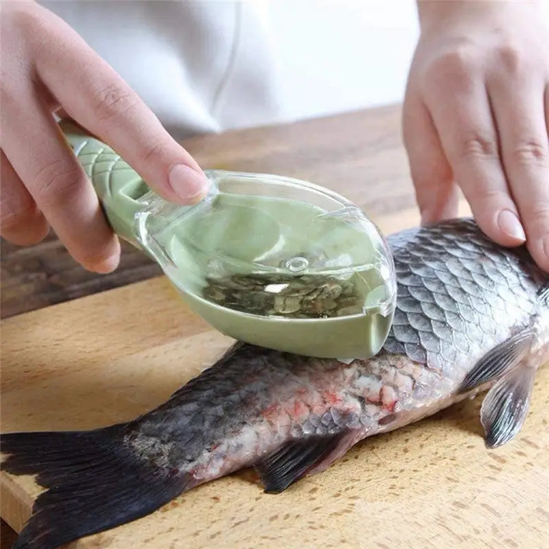 Fish Shaped Scale Remover with Cover for Clean and Easy 16x5.5x4.2cm / green