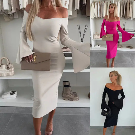 FlareFlow: Chic Solid Off-Neck Long Sleeve Dress