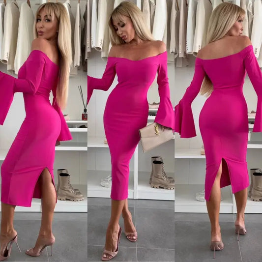 FlareFlow: Chic Solid Off-Neck Long Sleeve Dress