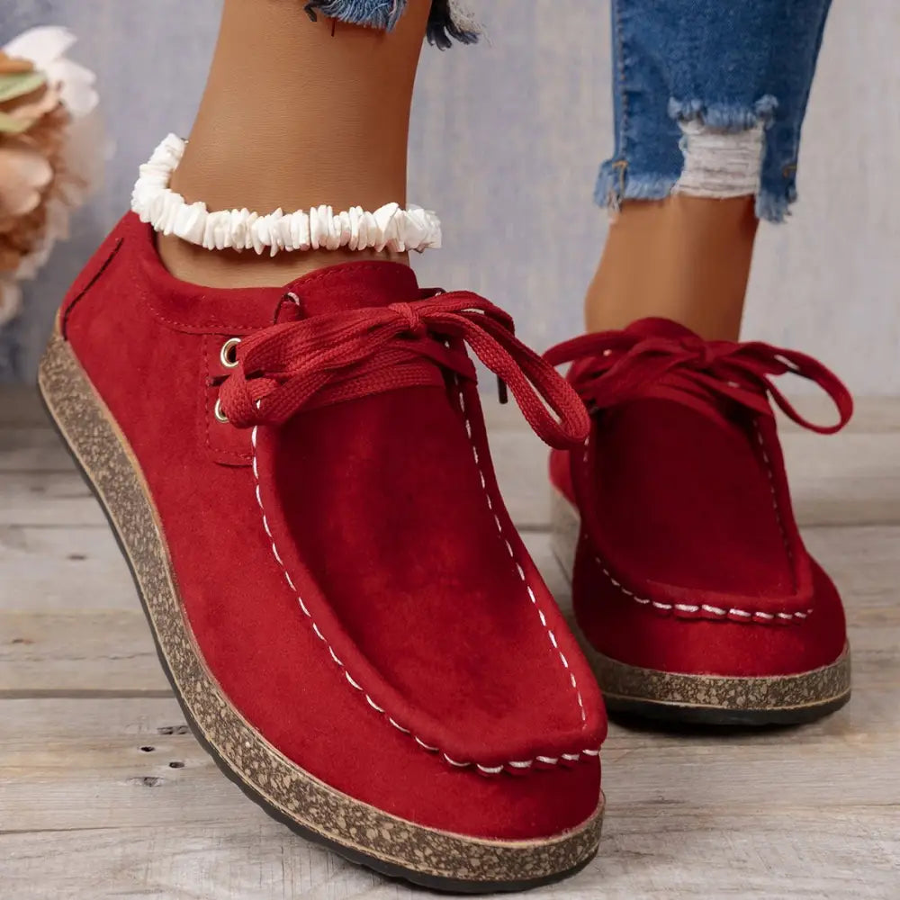 Flat Heel PU Shoes with Round Toe and Rubber Sole in Multiple Colors - Red / 36
