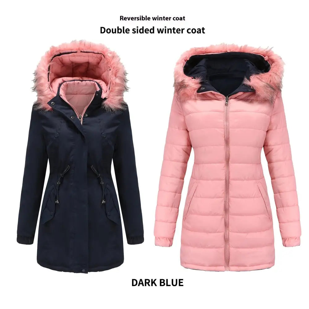 FlipFur Luxe: Detachable Collar Quilted Parka - Dark Blue / M