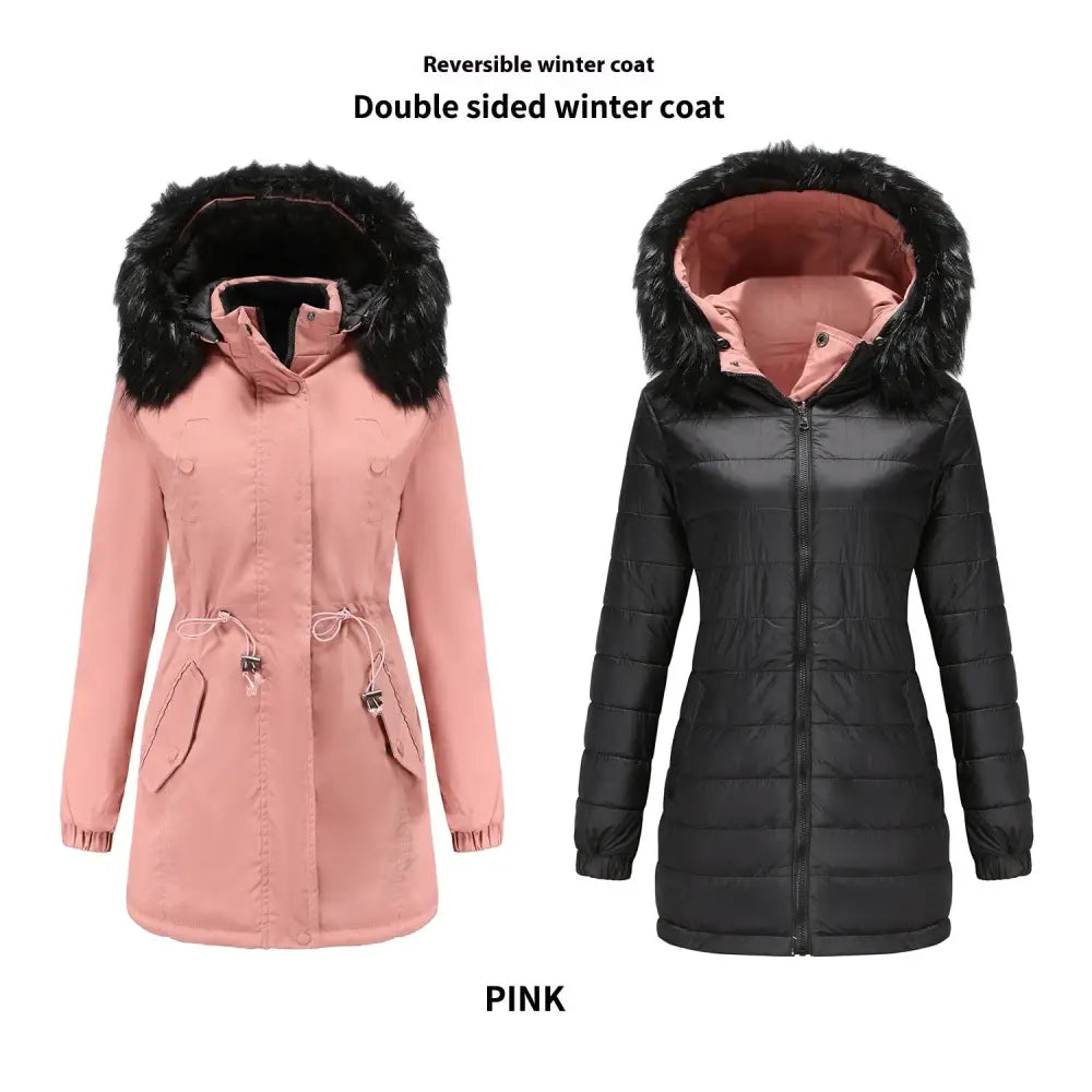 FlipFur Luxe: Detachable Collar Quilted Parka - Pink / M