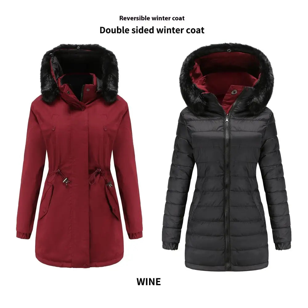 FlipFur Luxe: Detachable Collar Quilted Parka - Wine Red / M