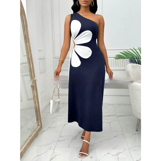 Floral Sling Shoulder Dress - Dark Blue / S