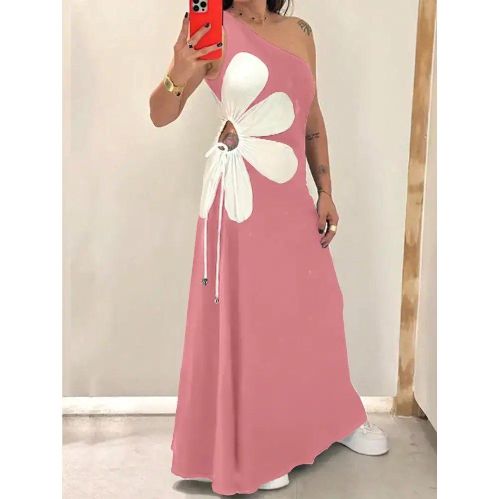 Floral Sling Shoulder Dress - Pink / S